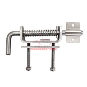 Cerrojo de seguridad para puerta de acero inoxidable con muelle y tornillos.