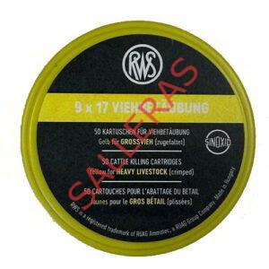 Munición de pistola para sacrificar cerdos y becerros de color amarillo. La caja incluye 50 unidades de calibre 9 x 17 mm.