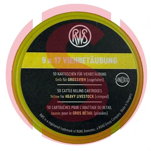 Munición de pistola para sacrificar cerdos y becerros de color amarillo. La caja incluye 50 unidades de calibre 9 x 17 mm.
