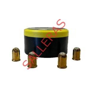 Munición de pistola para sacrificar cerdos y becerros de color amarillo. La caja incluye 50 unidades de calibre 9 x 17 mm.