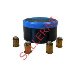 Munición de pistola para sacrificar cerdos y beceros de color azul. La caja incluye 50 unidades de calibre 9 x 17 mm.