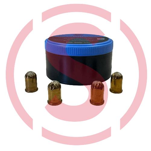 Munición de pistola para sacrificar cerdos y beceros de color azul. La caja incluye 50 unidades de calibre 9 x 17 mm.