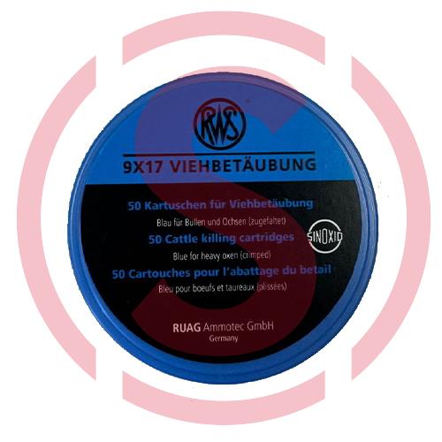 Munición de pistola para sacrificar cerdos y beceros de color azul. La caja incluye 50 unidades de calibre 9 x 17 mm.